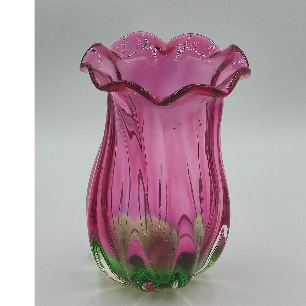 Teleflora Watermelon Glass Vase Pink Fluted Lily Tulip Bud Vase Hand Blown 8"